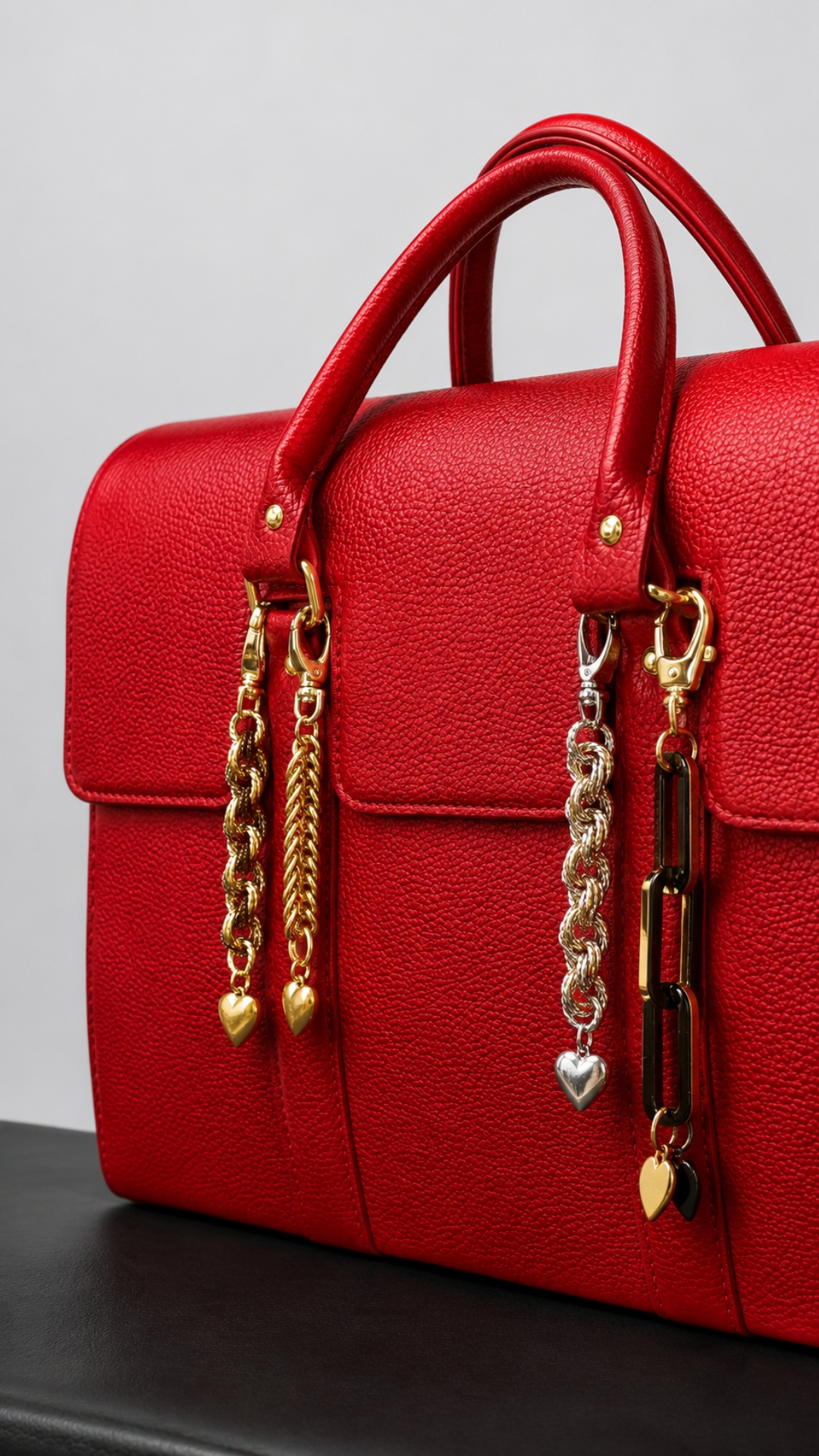 Bolsa vermelha com chaveiros de correntes douradas e prateadas com pingentes de coração